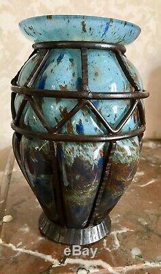 Beautiful Vase Art-deco Glass Marmoréen And Iron Signed Lorrain (daum) Majorelle