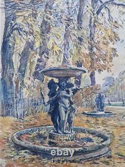 Beautiful Watercolor Painting Art Deco Fountain Park by JEAN NICOL