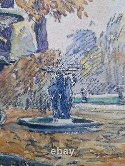 Beautiful Watercolor Painting Art Deco Fountain Park by JEAN NICOL