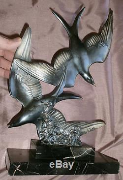 Birds Art Deco Silver Metal Portor Marble Base (crack) Sculptor M Font