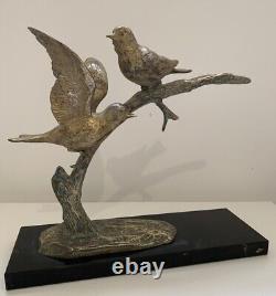 Birds on branch regulated signed Plagnet Art Deco marble statue sculpture