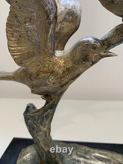 Birds on branch regulated signed Plagnet Art Deco marble statue sculpture