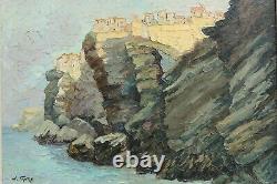 'Bonifacio in Corsica-Favre XXth Century, Painting, Impressionism, Art Deco, Sea, Marine, Village'