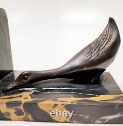 Bookends Animal Sculpture Geese Signed M. FONT Art Deco