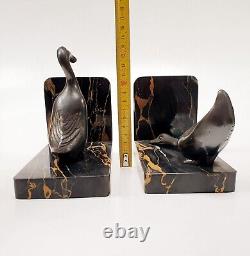 Bookends Animal Sculpture Geese Signed M. FONT Art Deco