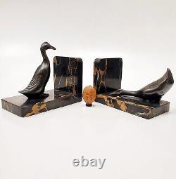 Bookends Animal Sculpture Geese Signed M. FONT Art Deco