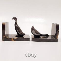 Bookends Animal Sculpture Geese Signed M. FONT Art Deco