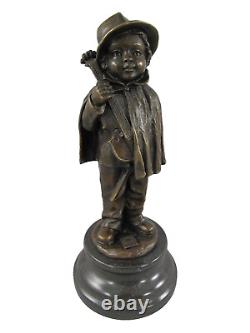 Bronze Art Deco Style Boy with Violin Sculpture Signed