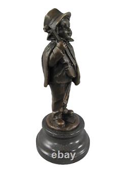 Bronze Art Deco Style Boy with Violin Sculpture Signed