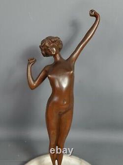 Bronze Art-deco Graceful Naked Dancer, Marble Basin Signed Rossi V. 1920-1930