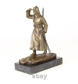 Bronze Russian Soldier Sculpture on Black Marble Art Deco Signed