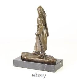 Bronze Russian Soldier Sculpture on Black Marble Art Deco Signed