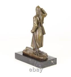 Bronze Russian Soldier Sculpture on Black Marble Art Deco Signed