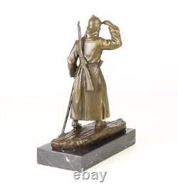 Bronze Russian Soldier Sculpture on Black Marble Art Deco Signed