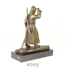 Bronze Russian Soldier Sculpture on Black Marble Art Deco Signed