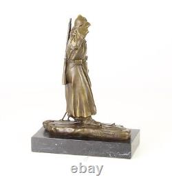 Bronze Russian Soldier Sculpture on Black Marble Art Deco Signed