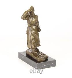 Bronze Russian Soldier Sculpture on Black Marble Art Deco Signed