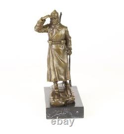 Bronze Russian Soldier Sculpture on Black Marble Art Deco Signed