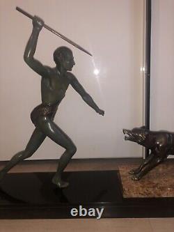 Bronze Sculpture 1920 Signed J Brault Art Deco Wolf Hunter Warrior Statue Rare
