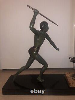 Bronze Sculpture 1920 Signed J Brault Art Deco Wolf Hunter Warrior Statue Rare