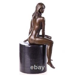 Bronze Sculpture of a Nude Woman Sitting on Black Marble Art Deco After Claude