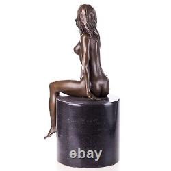 Bronze Sculpture of a Nude Woman Sitting on Black Marble Art Deco After Claude