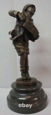 Bronze Statue: Boy with Accordion, Art Deco Style, Art Nouveau Style, Signed Bronze.