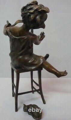 Bronze Statue of a Girl with a Cat on an Art Deco Style Chair, Art Nouveau Style, Signed in Bronze.