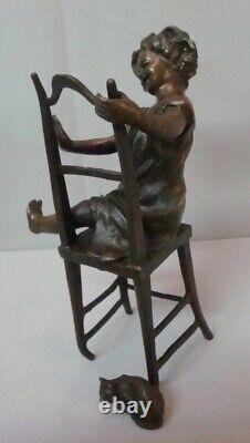 Bronze Statue of a Girl with a Cat on an Art Deco Style Chair, Art Nouveau Style, Signed in Bronze.