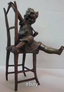 Bronze Statue of a Girl with a Cat on an Art Deco Style Chair, Signed Bronze