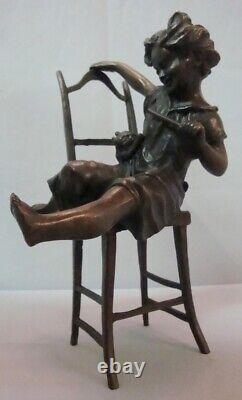 Bronze Statue of a Girl with a Cat on an Art Deco Style Chair, Signed Bronze