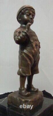 Bronze Statue of a Smoking Boy in Art Deco and Art Nouveau Style, Signed Bronze