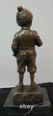 Bronze Statue of a Smoking Boy in Art Deco and Art Nouveau Style, Signed Bronze