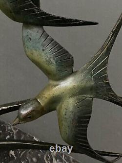 Bronze sculpture signed TIT Art Deco bird decor on grey marble H5254