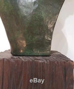 Bust Of Young Nymph. Bronze Art Deco Beautiful Green Patina Signed Schmitt