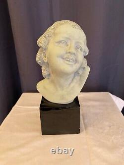 Bust of Smiling Young Girl Art Deco Signed B. Rezl Terracotta with Patina