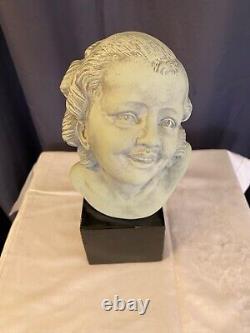 Bust of Smiling Young Girl Art Deco Signed B. Rezl Terracotta with Patina