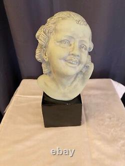 Bust of a Smiling Young Girl Art Deco Signed B. Rezl Terracotta with Patina