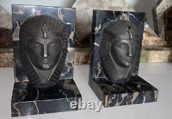 C CHARLES Bronze Art Deco Bookends with a Decor of a Pharaoh's Profile Signed