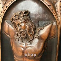 CHRIST signed G GEORGET carved wood art deco vintage crucifix mid century
