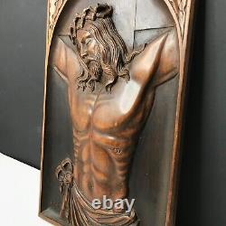 CHRIST signed G GEORGET carved wood art deco vintage crucifix mid century