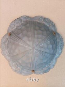Ceiling Light / Art Deco Chandelier in Blue-Grey Glass, Signed Degué, Working Condition