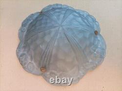 Ceiling Light / Art Deco Chandelier in Blue-Grey Glass, Signed Degué, Working Condition