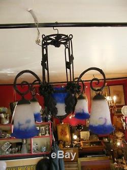 Chandelier 5 Lights Tulips And Shells In Marmorean Glass Signed Degué Wrought Iron Roses