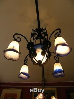 Chandelier 5 Lights Tulips And Shells In Marmorean Glass Signed Degué Wrought Iron Roses