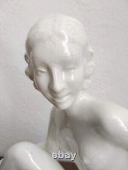 Charles LEMANCEAU Cracked faience sculpture of a woman with a greyhound ART DECO
