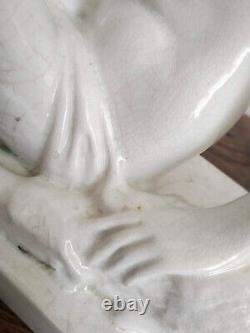 Charles LEMANCEAU Cracked faience sculpture of a woman with a greyhound ART DECO