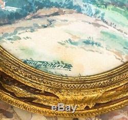 Charming Old Watercolor Signed. Landscape In Art Deco Beautiful Oval Frame