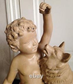 Child and Dog Sculpture in Patinated Terracotta Signed B Rez, to be Identified