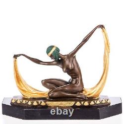 Colorful Art Deco Bronze Dancer Sculpture on Black Marble Signed